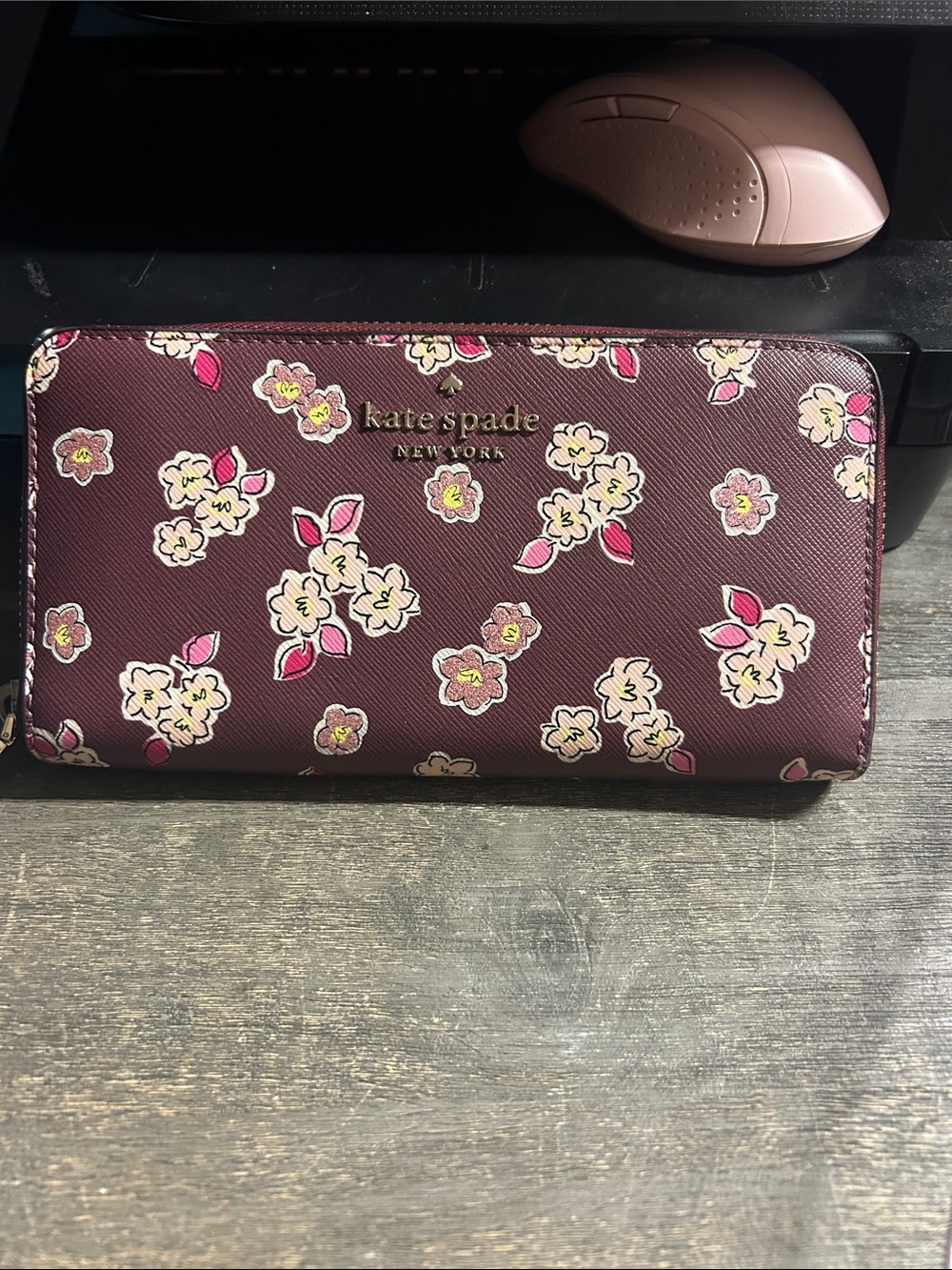 Kate Spade Tinsel Large Continental Wallet in Deep‎ Berry Multi floral print.